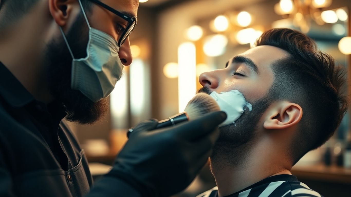 Barber applying shaving cream to client's face.