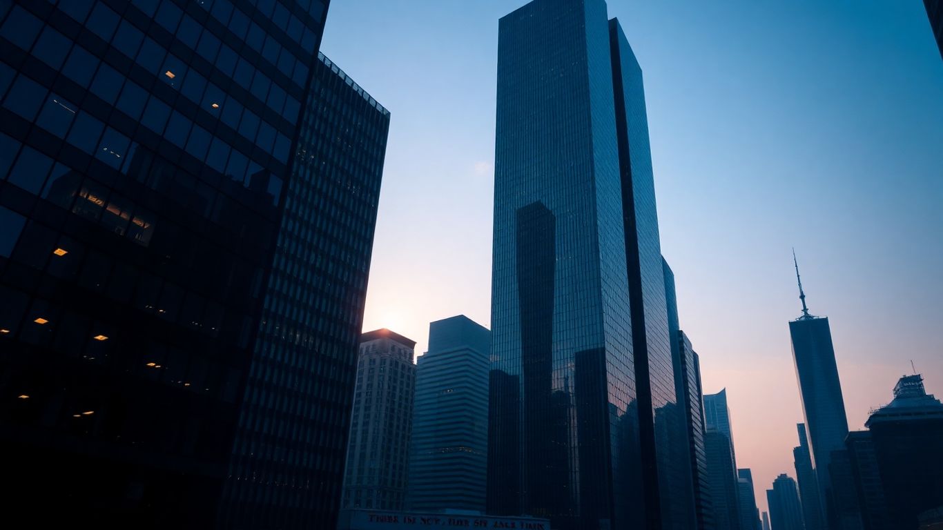 Financial district cityscape with upward market movement.