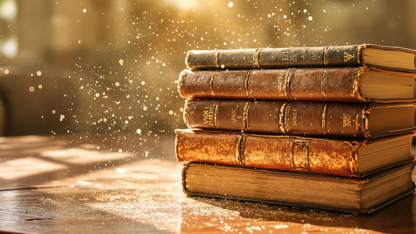 Stack of old books on a wooden table.
