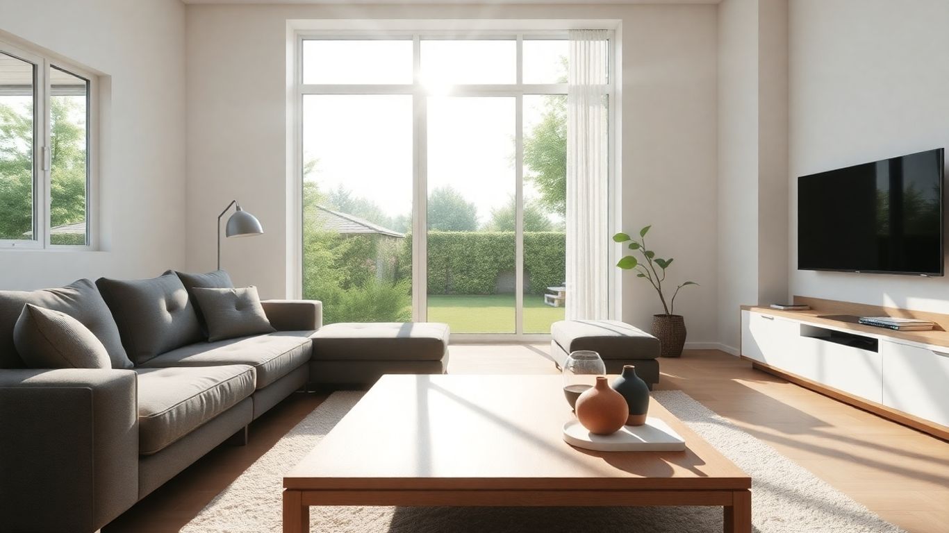 Salón moderno con sofá cómodo y jardín soleado.