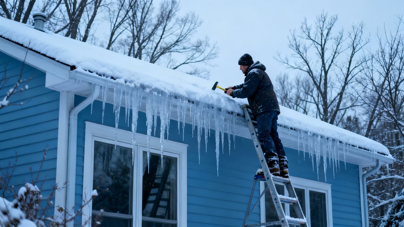 Homeowner inspecting snowy roof for winter maintenance.