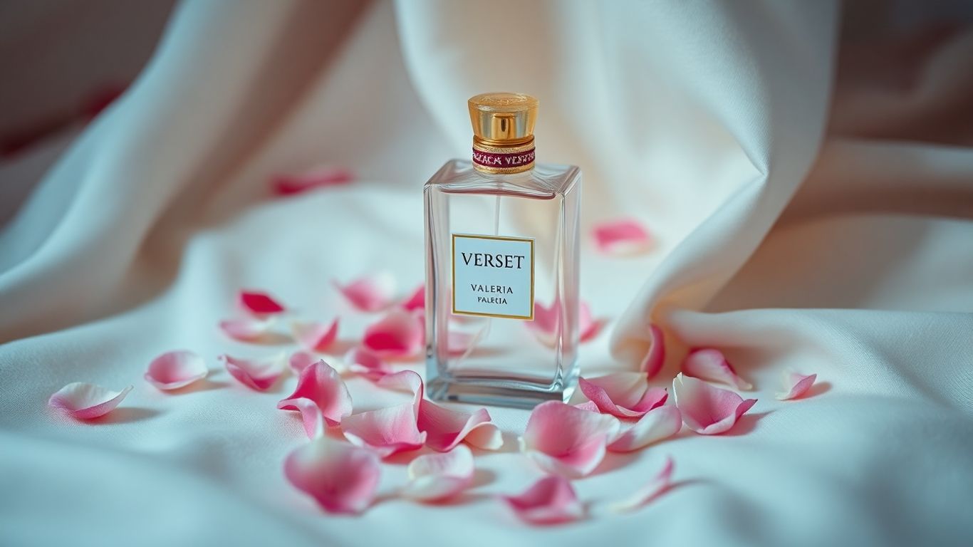 Verset Valeria perfume bottle with scattered flower petals.