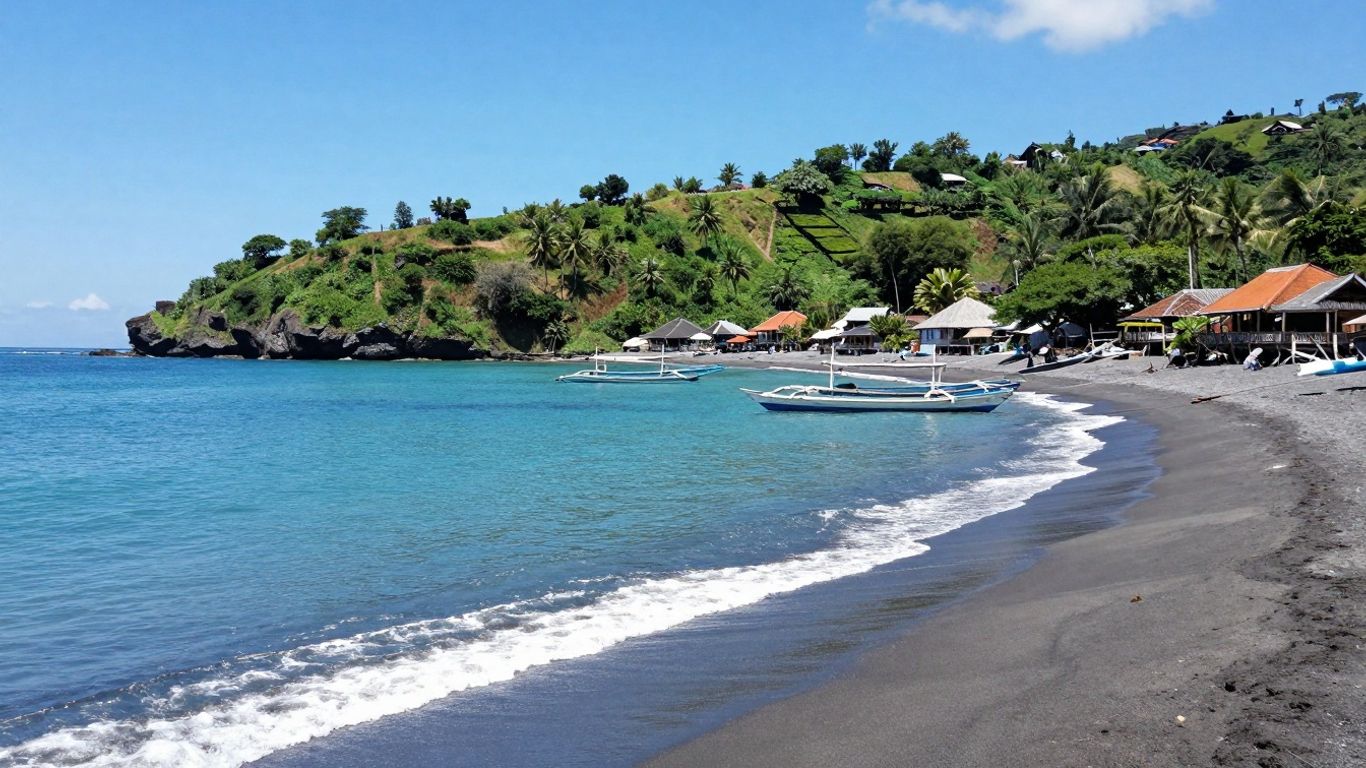 Pemuteran village coastline with calm waters and green hills.