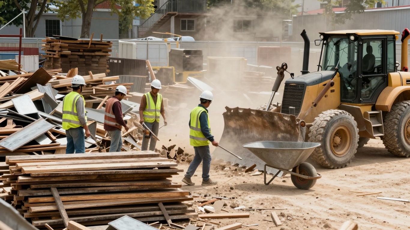 Construction workers cleaning up a messy site after building.