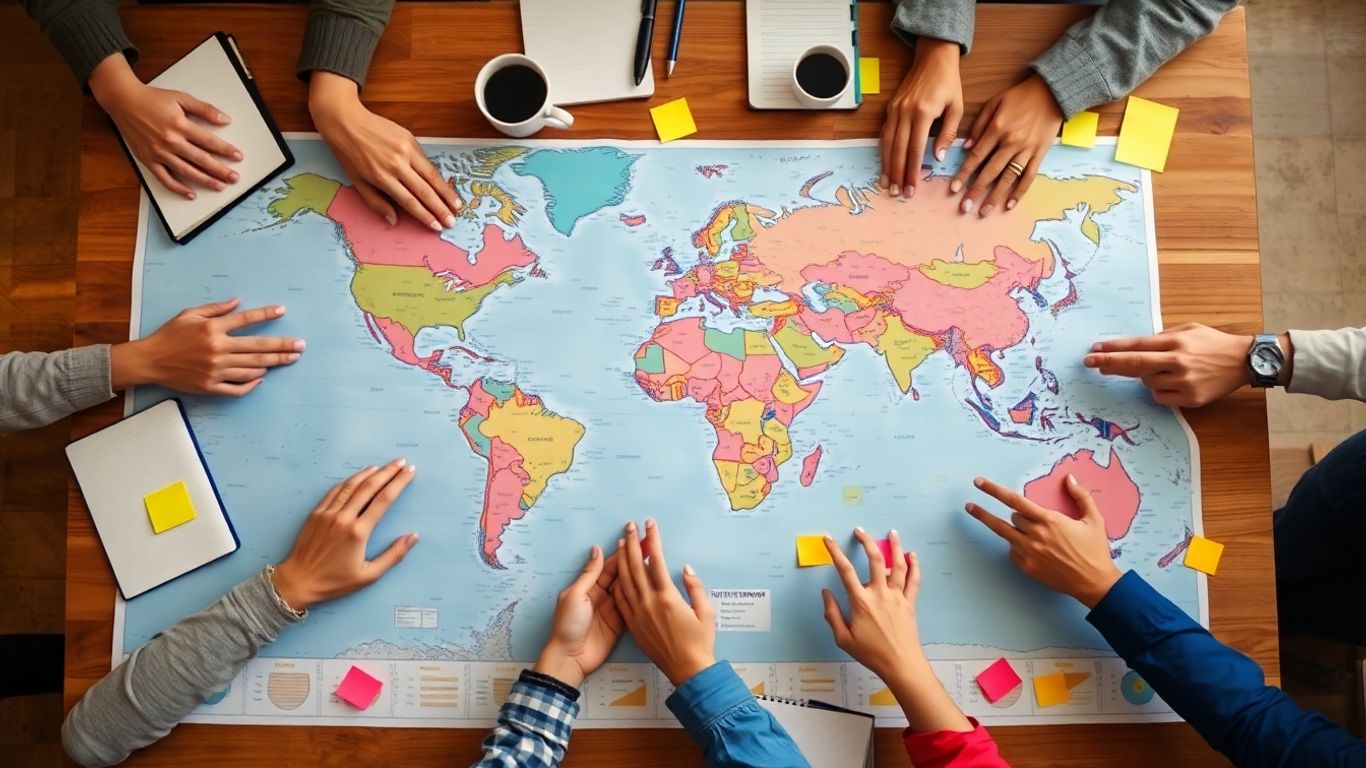 People gathering around a map planning together actively.