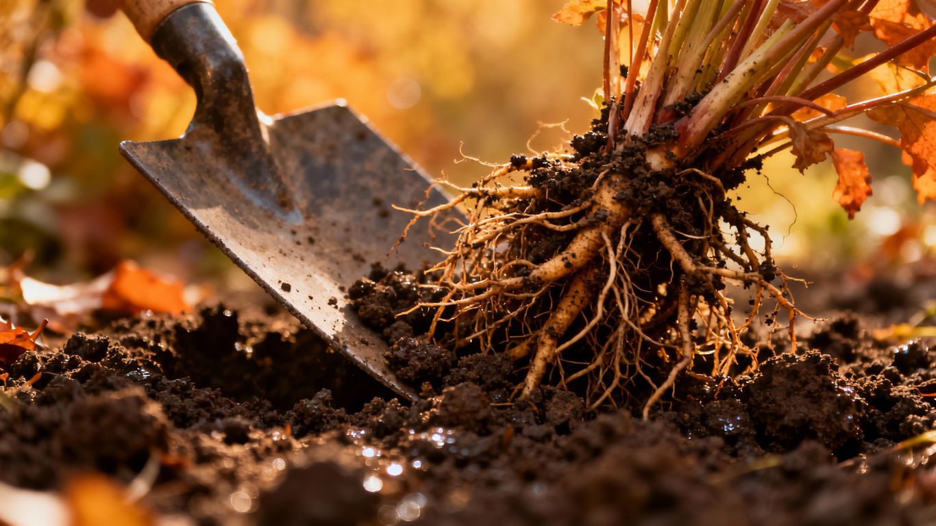 Gardener planting perennial roots in rich soil.