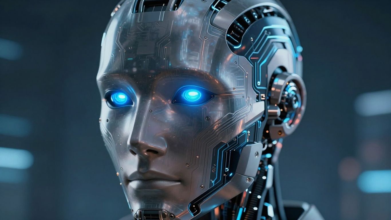 Robot futuriste avec circuits lumineux et capteurs bleus.