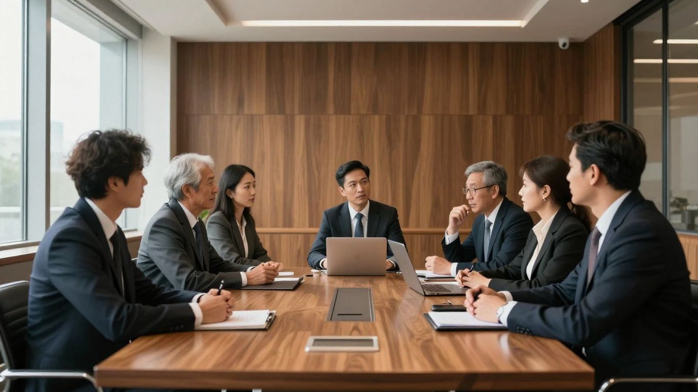 Boardroom meeting with executives discussing strategy.