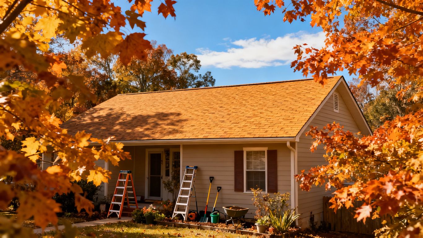 House roof with fall leaves and maintenance tools visible