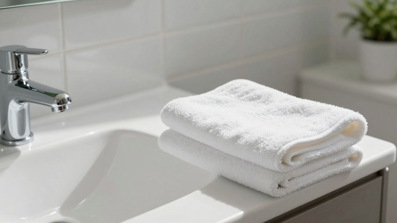 Sparkling clean bathroom with gleaming tiles and fluffy white towel.