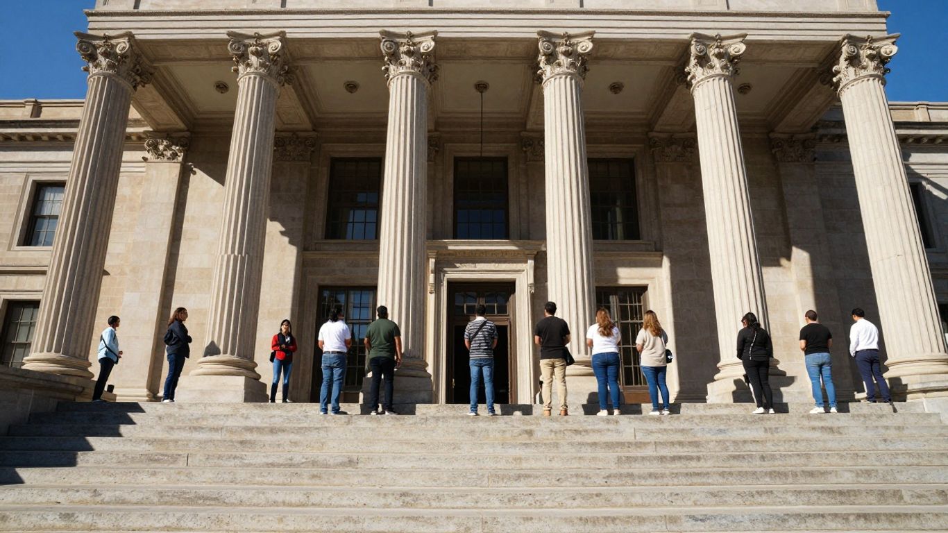 Clădire legislativă cu oameni pe trepte.