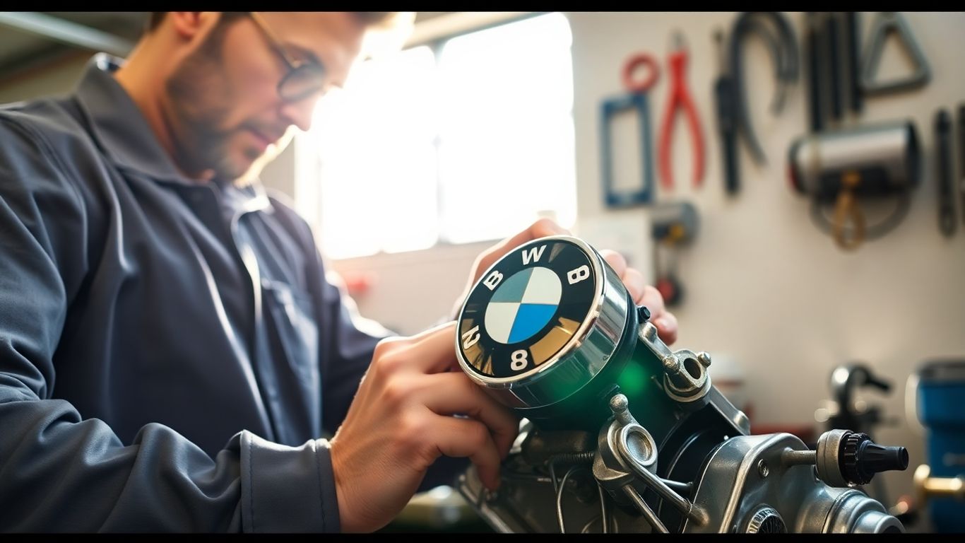Mechanic examining rare BMW engine part in workshop.