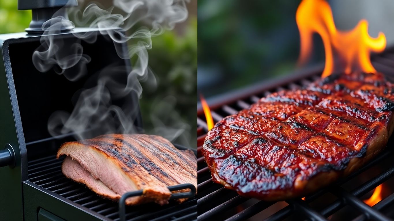 Smoker with brisket versus grill with steak.