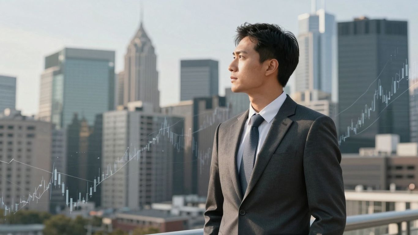 Investment analyst looking at Des Moines skyline.