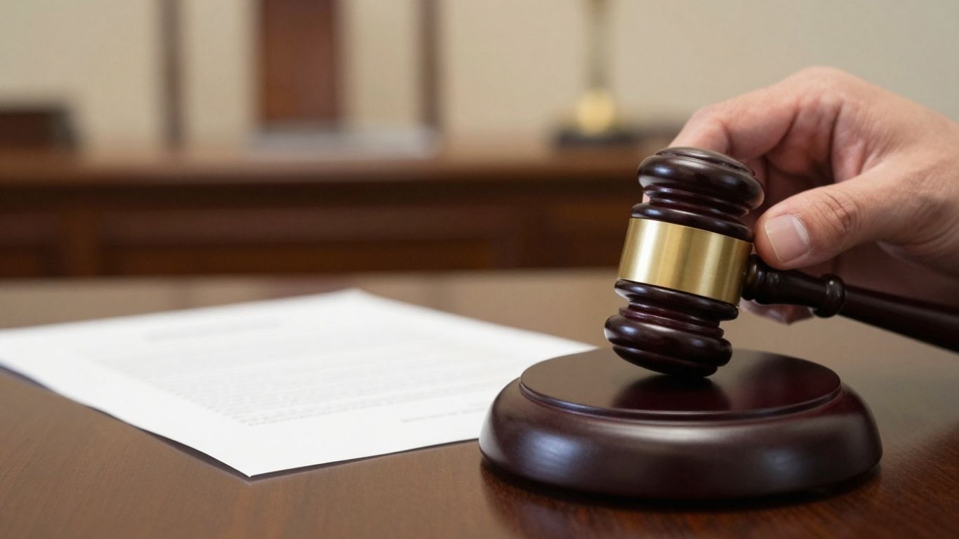 Gavel and stamp on legal document, courtroom background.