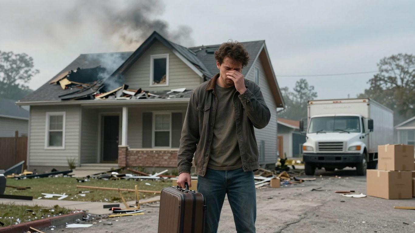 Damaged house, homeowner with suitcase, moving truck, temporary housing.
