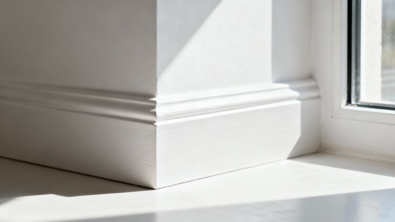 Newly installed white baseboard trim on a wall.