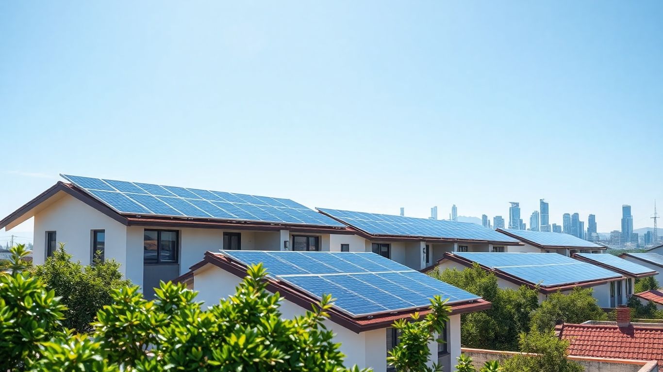 Modern solar panels on sunny urban rooftops
