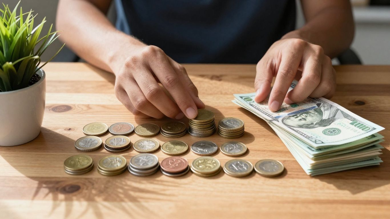 Organized money and plant on a table.