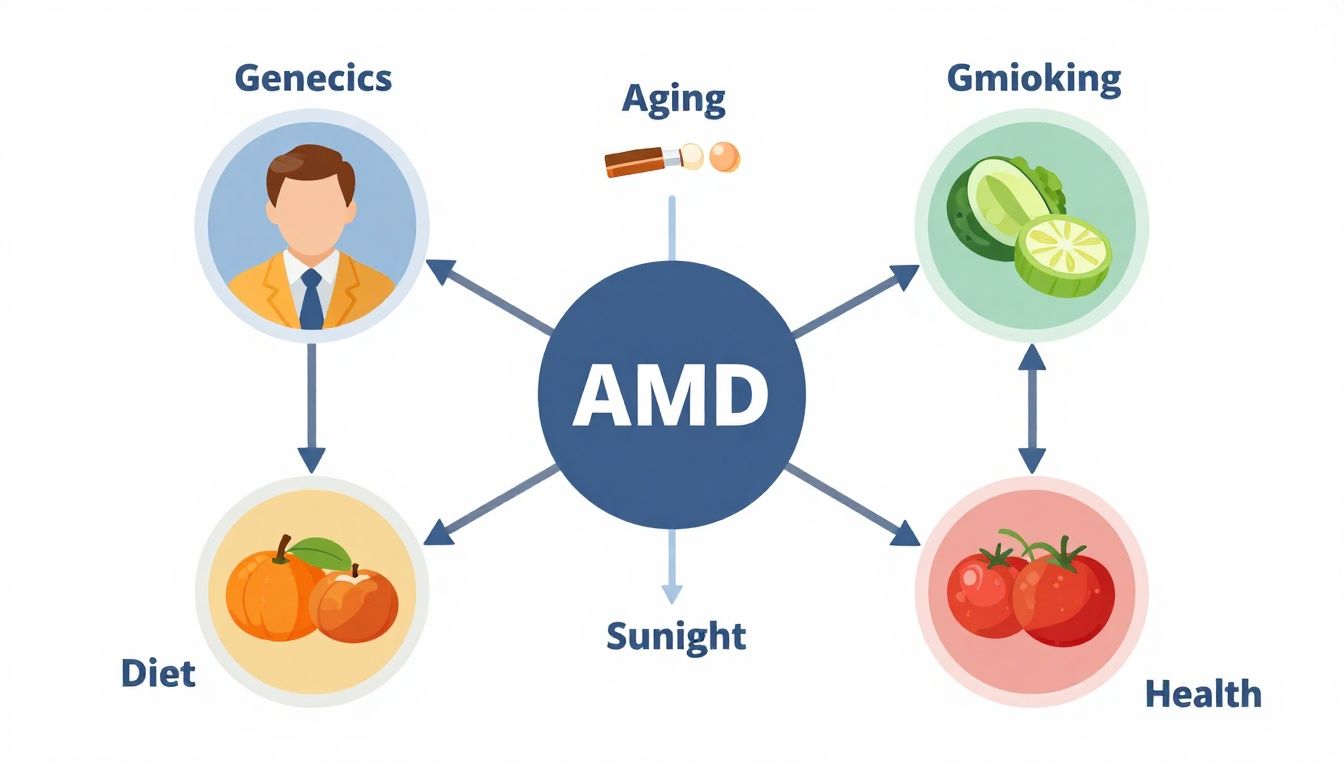 A visual summary showing interconnected risk factors for AMD – genetics, aging, smoking, diet, sunlight, and cardiovascular health