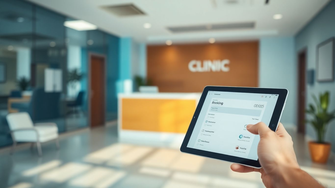 Clinic booking system on a tablet screen.