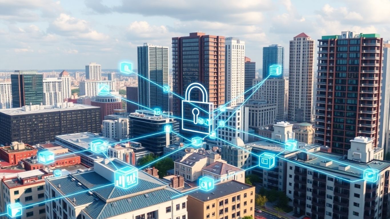 Blockchain technology securing real estate transactions in a cityscape.