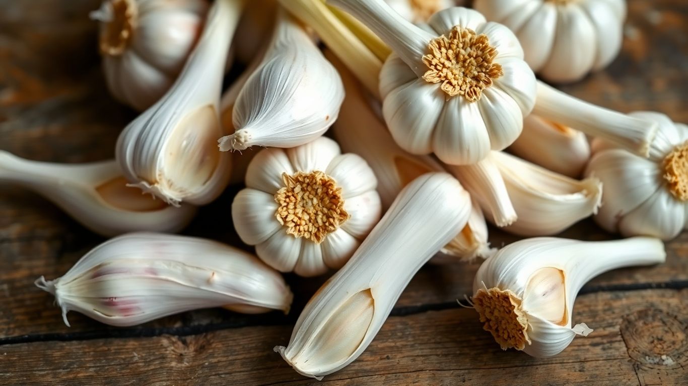 Fresh garlic cloves on a wooden surface.