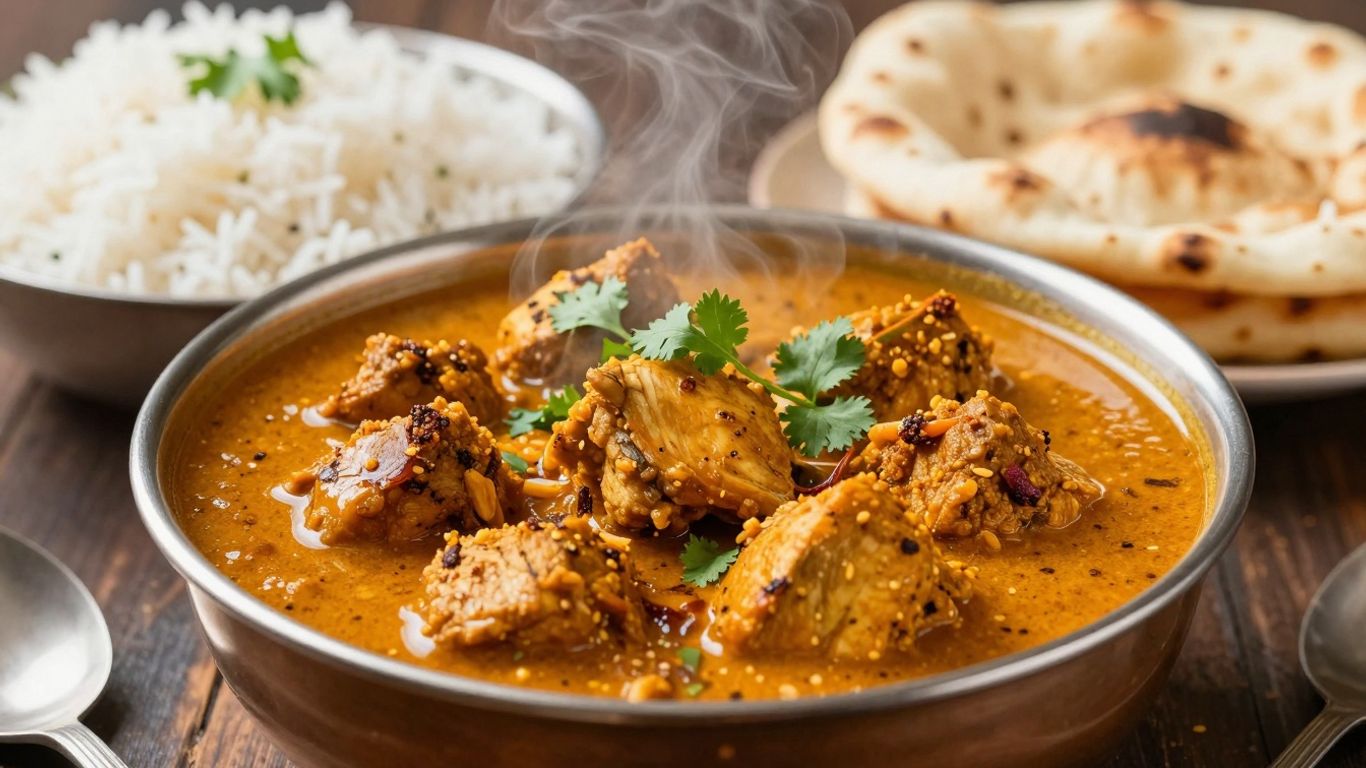 Authentic Desi chicken curry in a bowl with rice and naan.