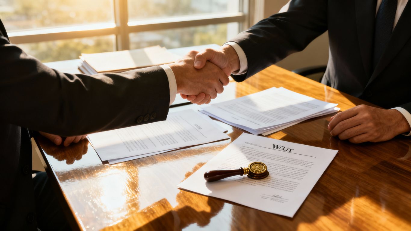 Lawyer and client shaking hands over a will.