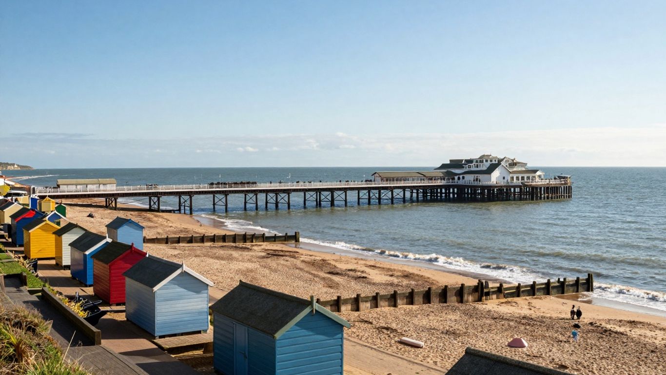 Southwold Pier and beach huts on a sunny day.