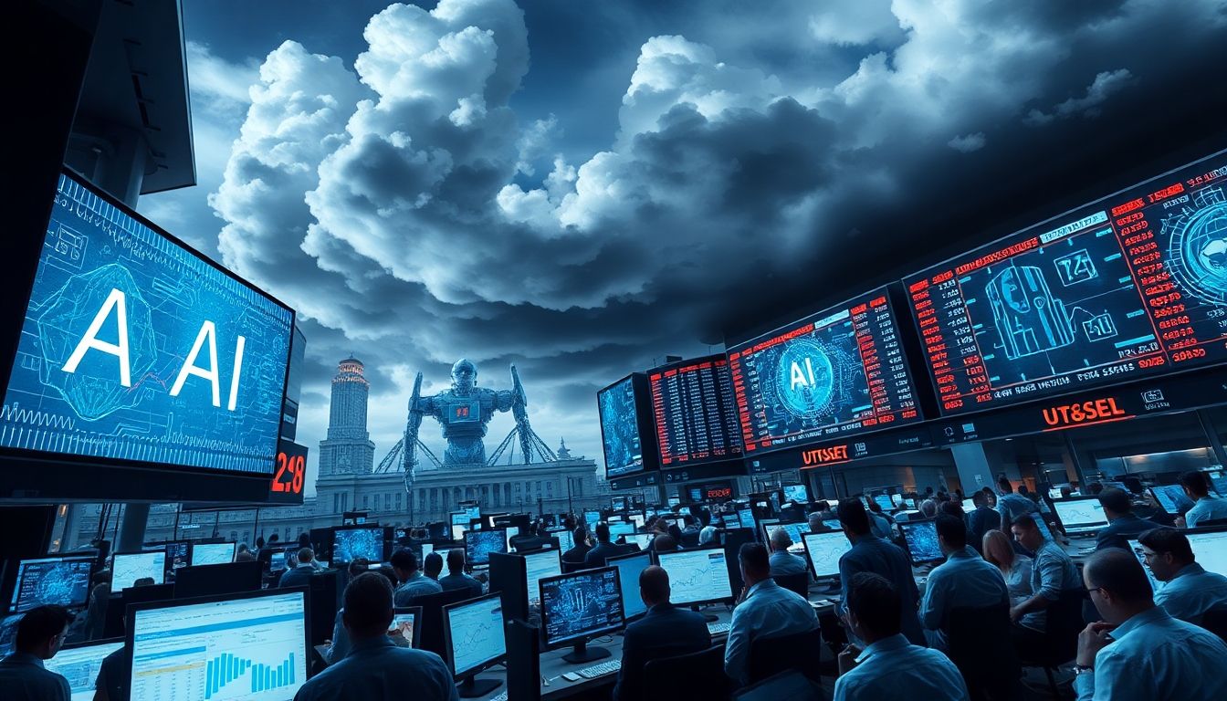 Traders and robots on tense stock market trading floor