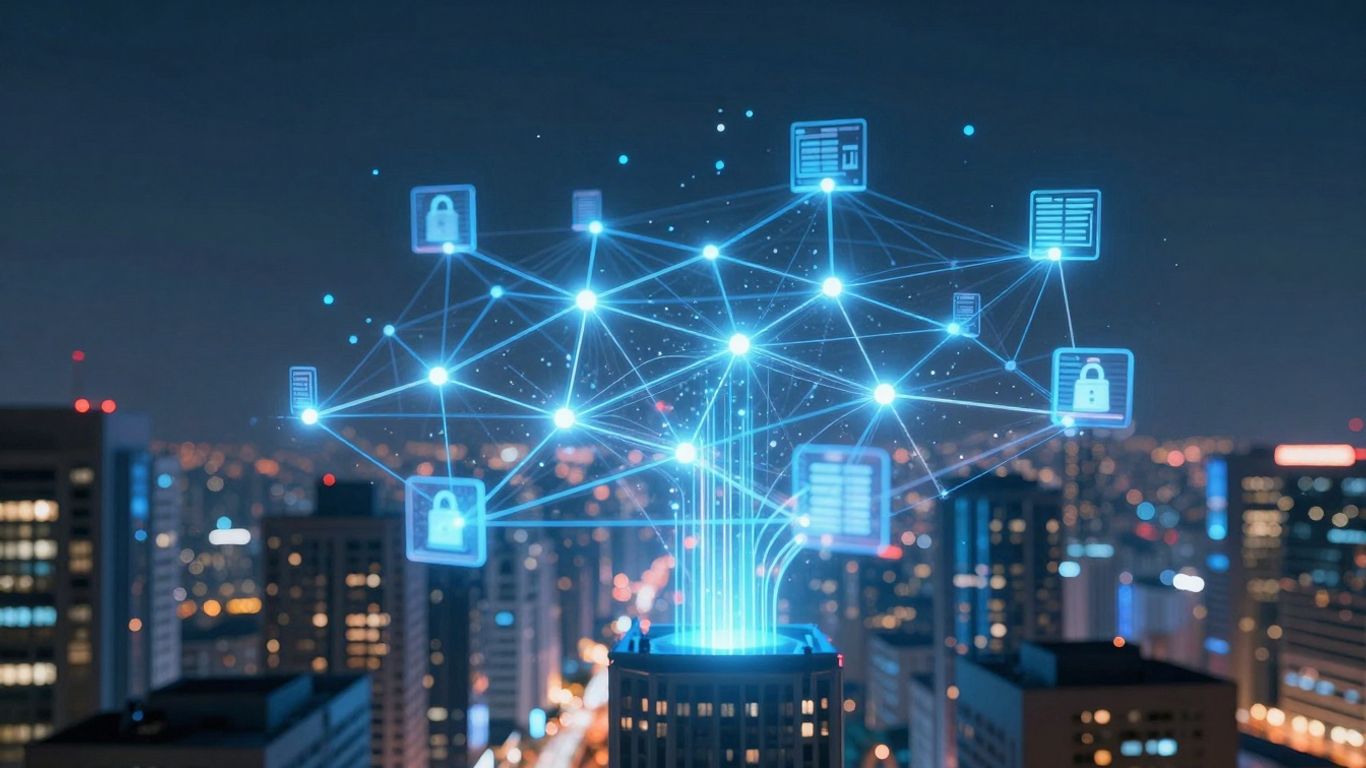 Blockchain network securing connected devices in a futuristic city.