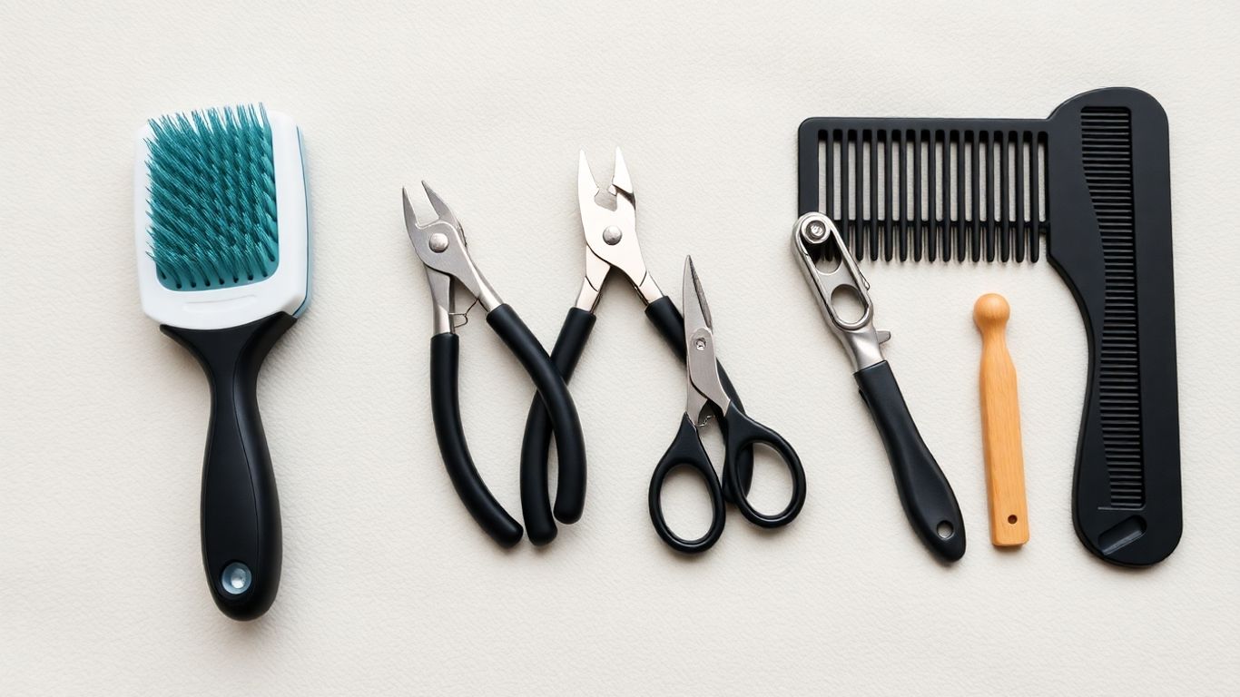 Cat grooming tools: brush, clippers, comb.
