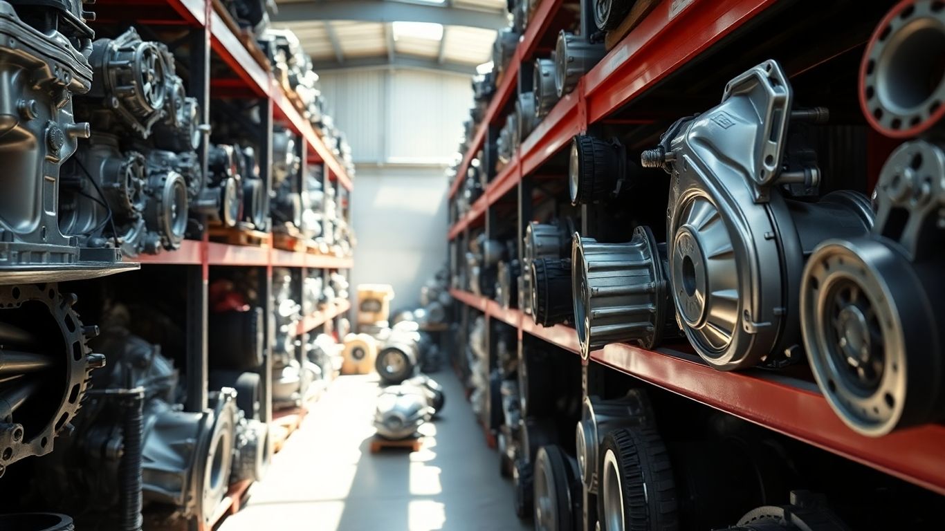 High-quality auto parts neatly arranged in a warehouse.