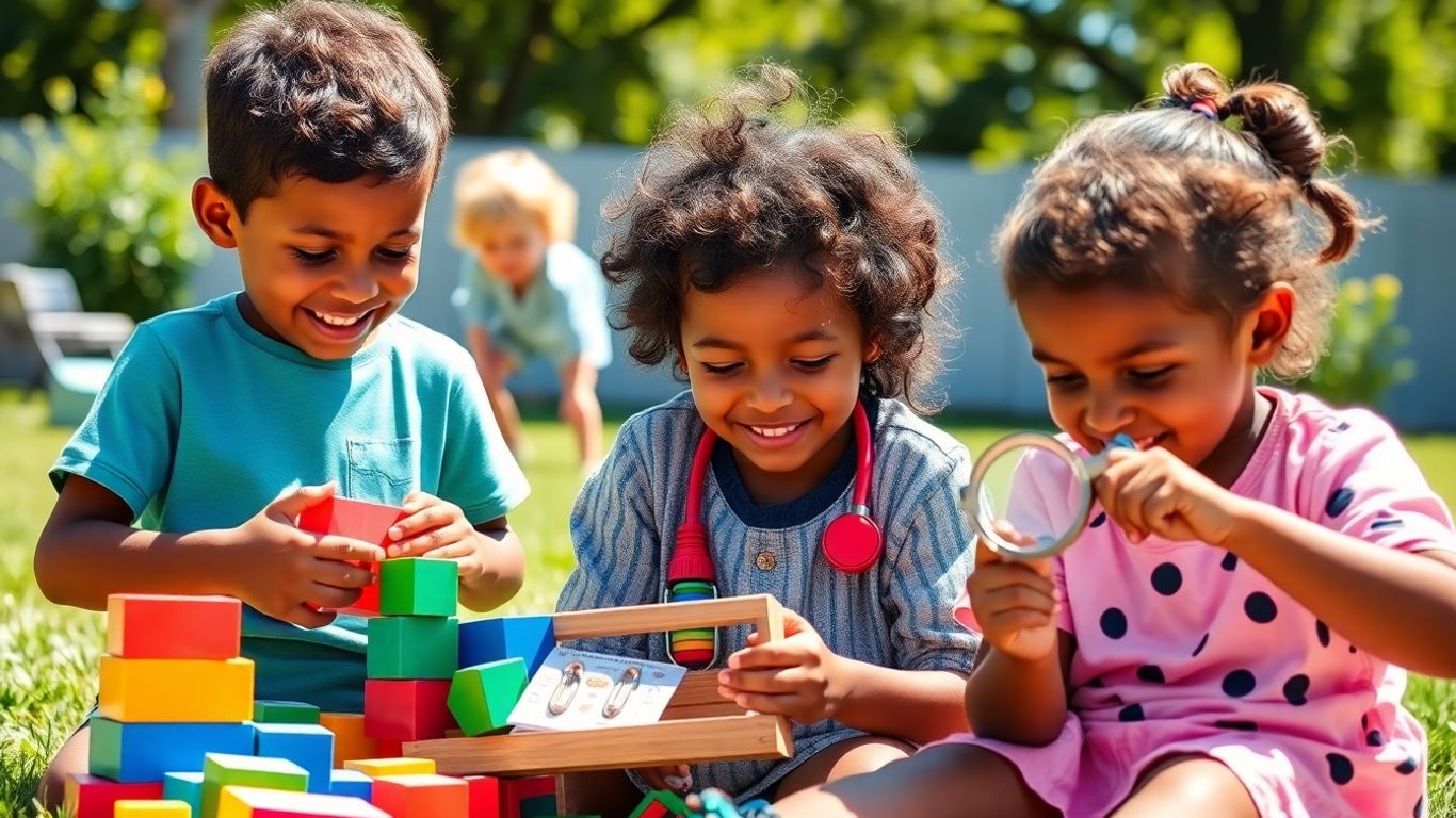 Copii se joacă fericiți în natură, învățând prin distracție.