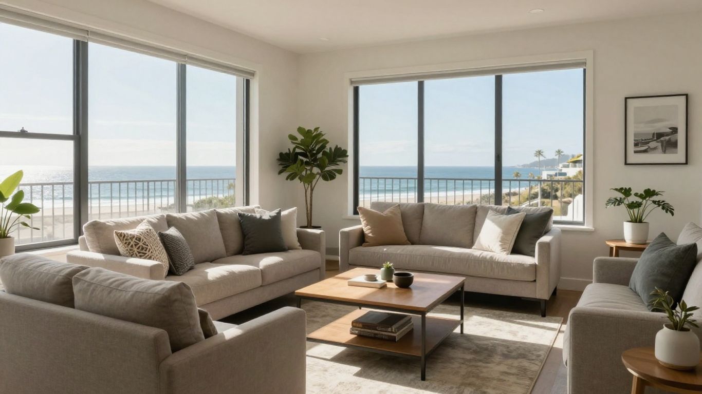 Cozy San Diego rental living room with ocean view.