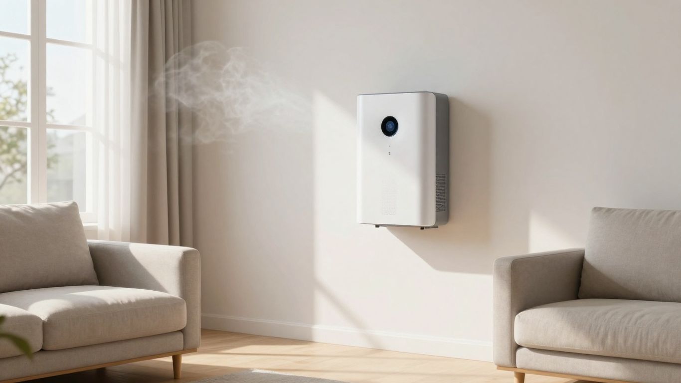 Modern living room with air purifier and natural light.