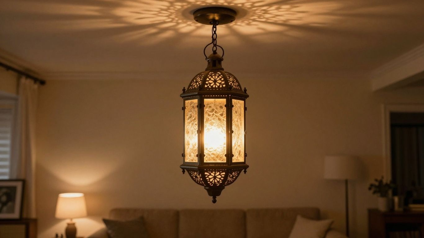 Decorative hanging lantern illuminating a living room.