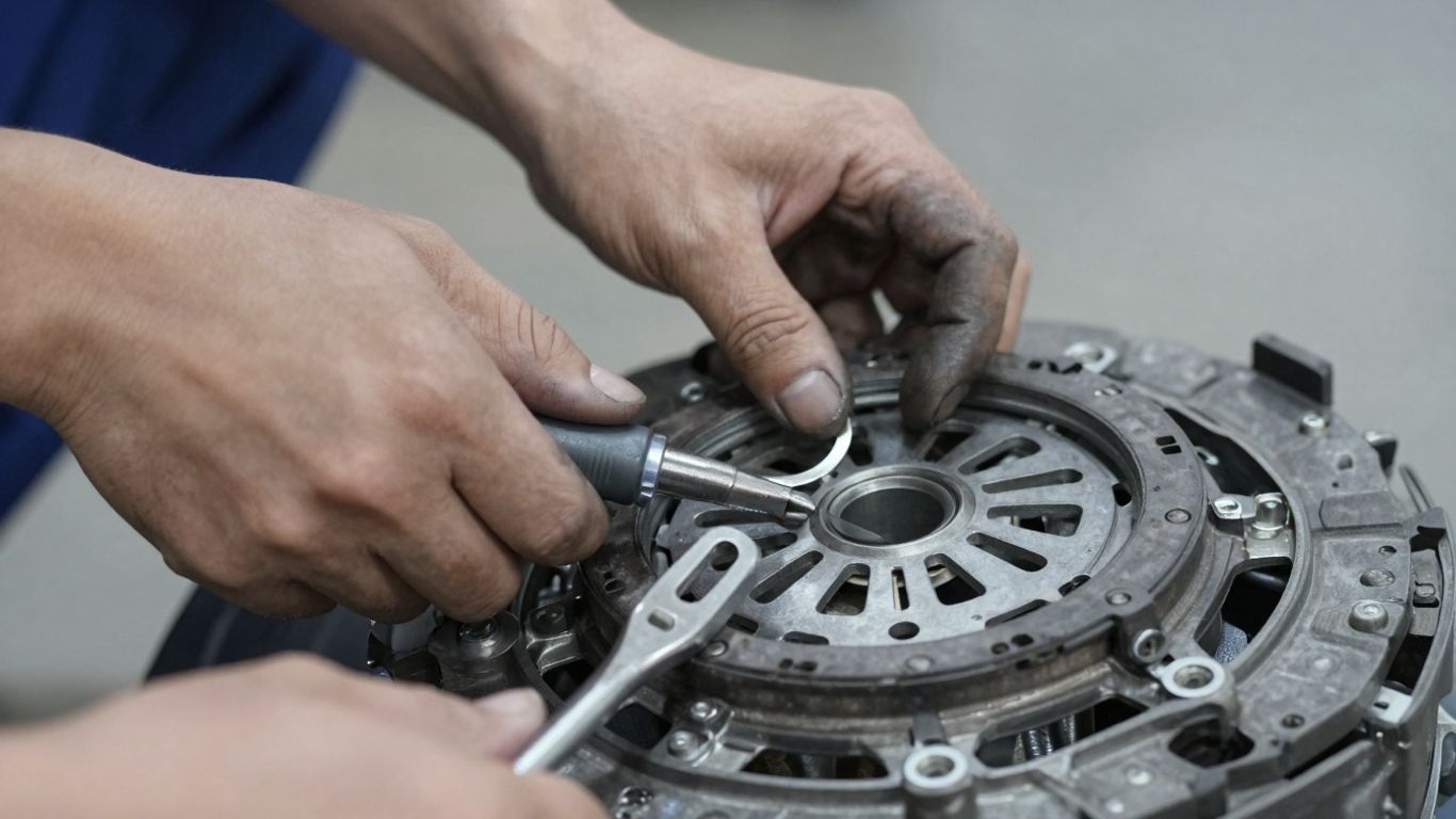 Mechanic repairing a Subaru clutch assembly.
