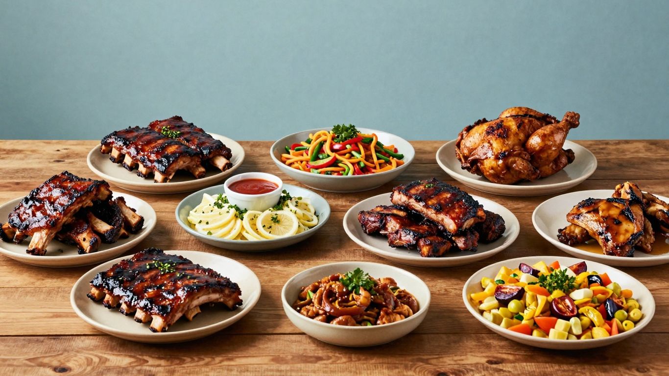 Delicious BBQ spread with ribs, chicken, and sides.