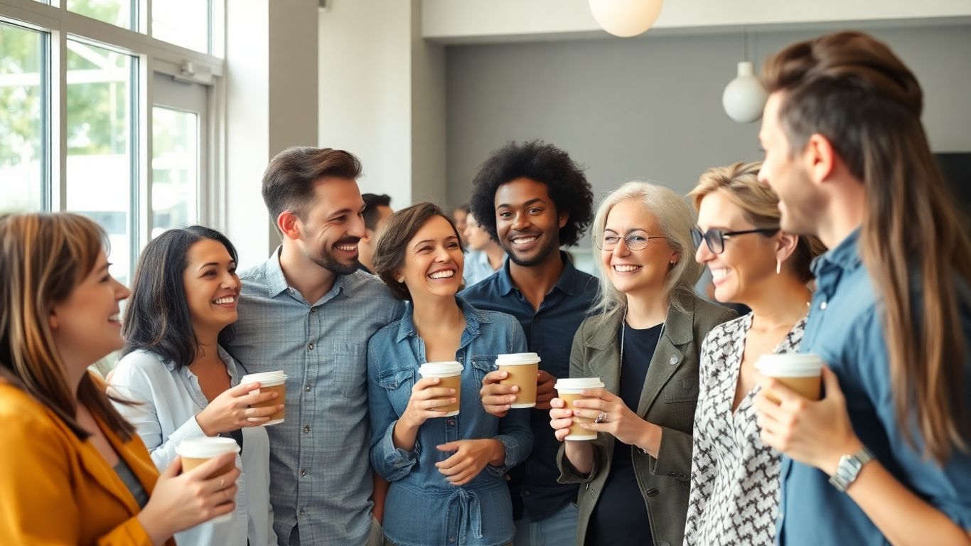 Adults making friends in Australia, connecting in a cafe.