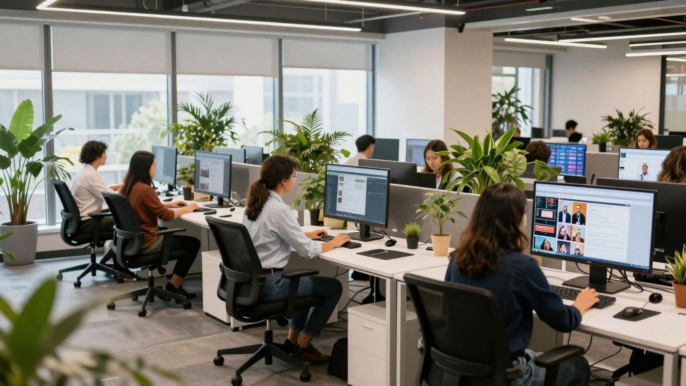 Modern office with teams collaborating on social media content.