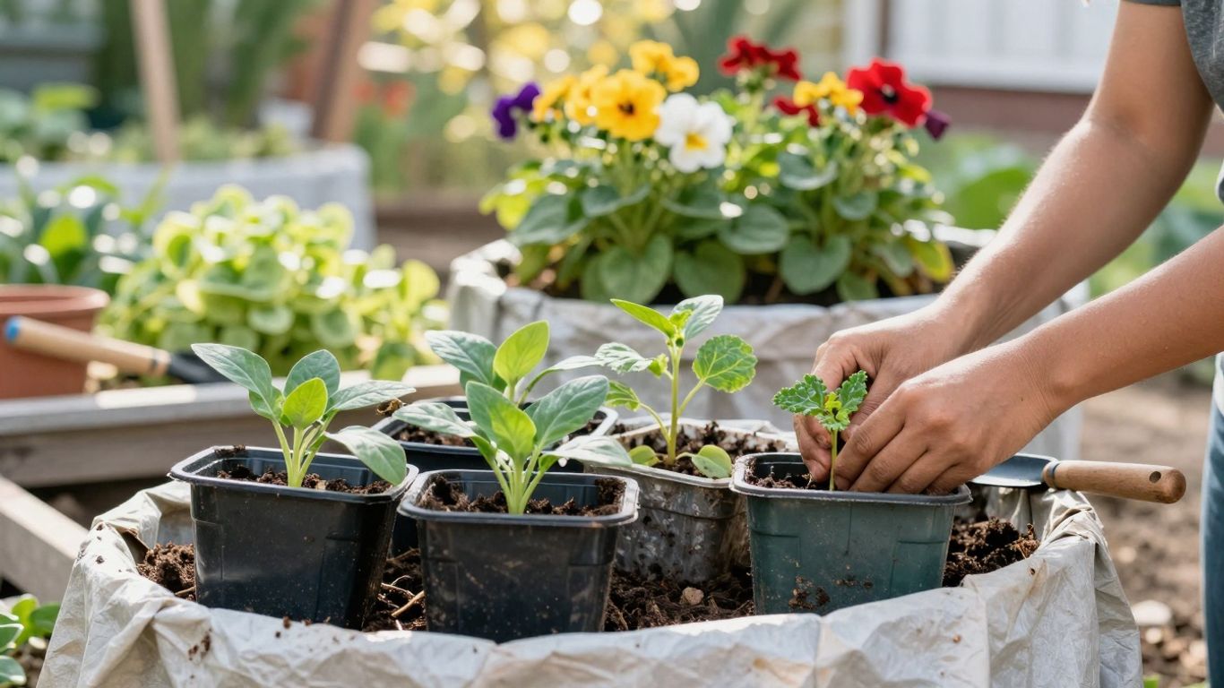 Urbaner Garten mit Kompostbehältern und Setzlingen
