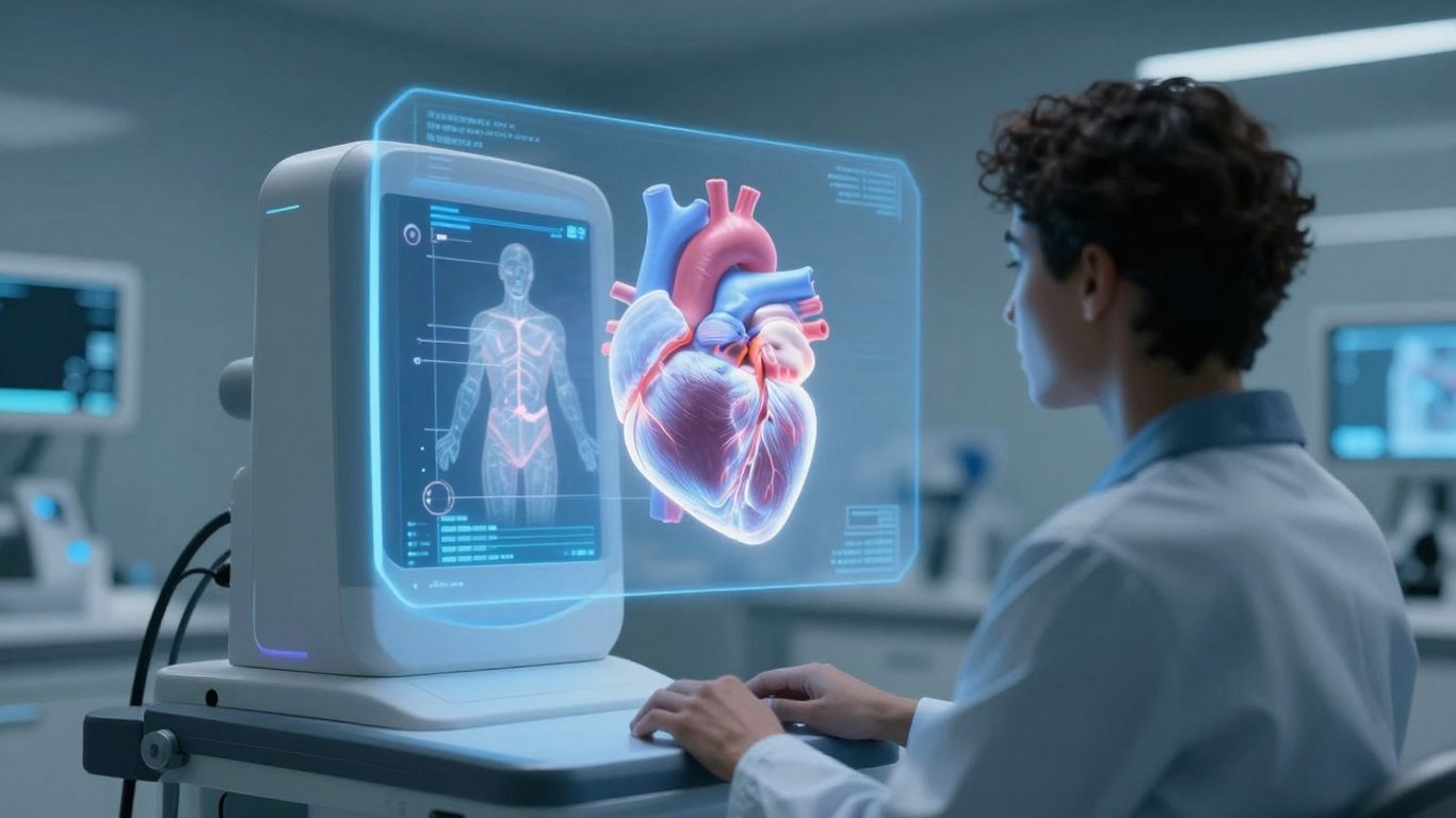 Advanced medical scanner displaying a 3D heart model.