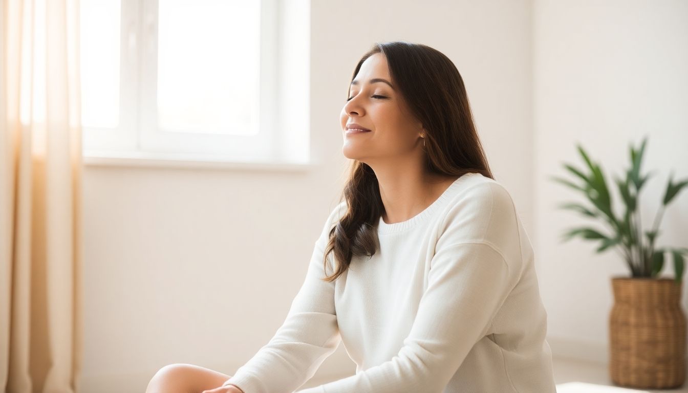 Woman finding peace and serenity through gentle well-being practices.