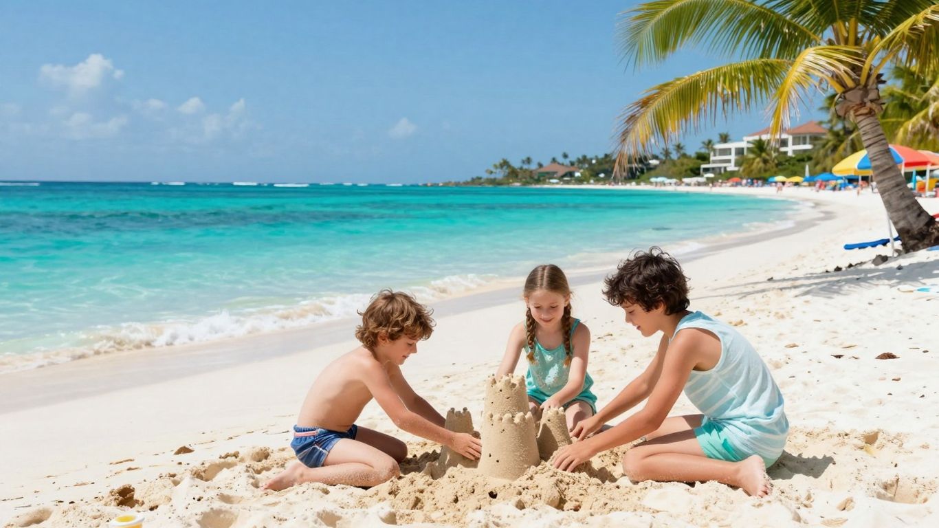 Family enjoying a sunny, all-inclusive beach vacation.