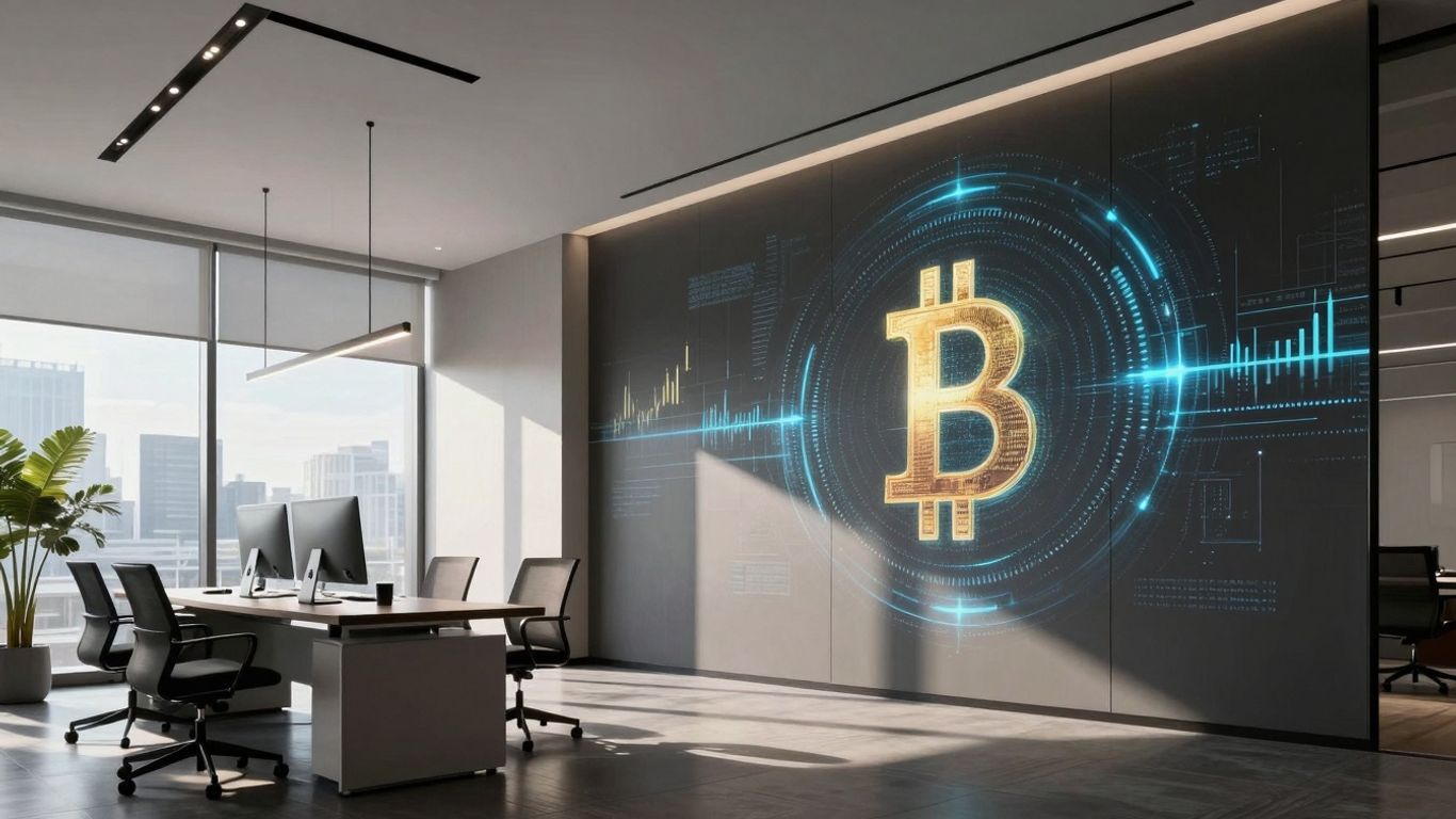 Crypto hedge fund office with digital currency elements.