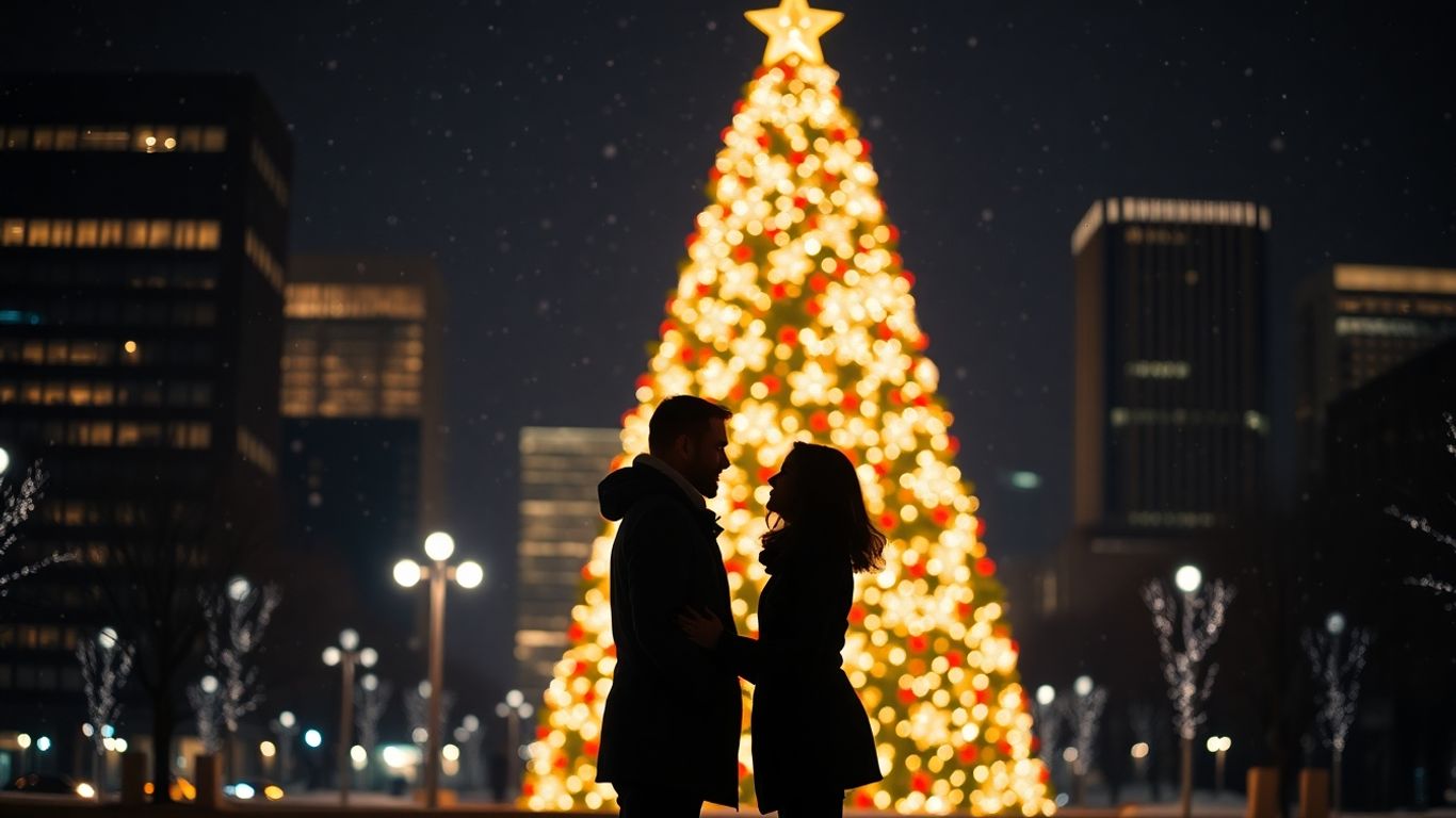 Couple proposing at a Christmas tree in Dallas.