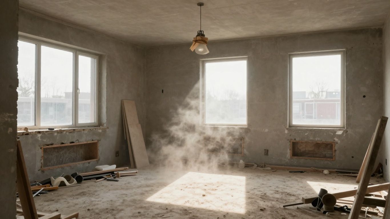 Dusty construction site with scattered debris and tools.