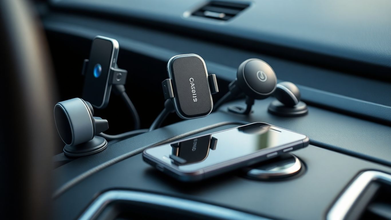 Wireless car chargers in car dashboards with phones.